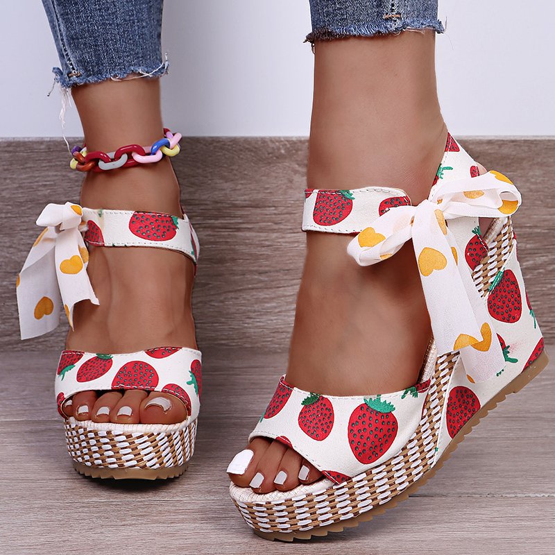 Fruit Pattern Multi Color Open Toe Bow Wedge