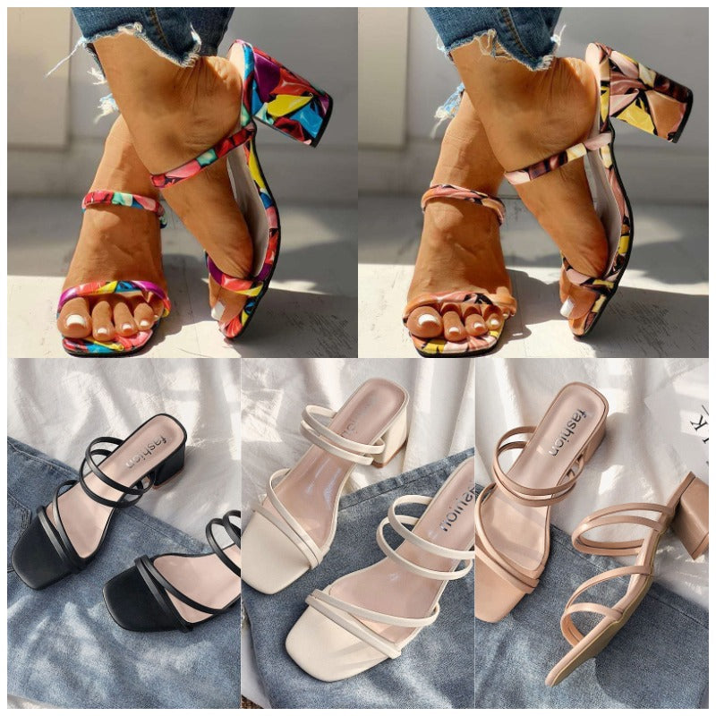 Solid Color Double Strap Sandals With Thick Heels