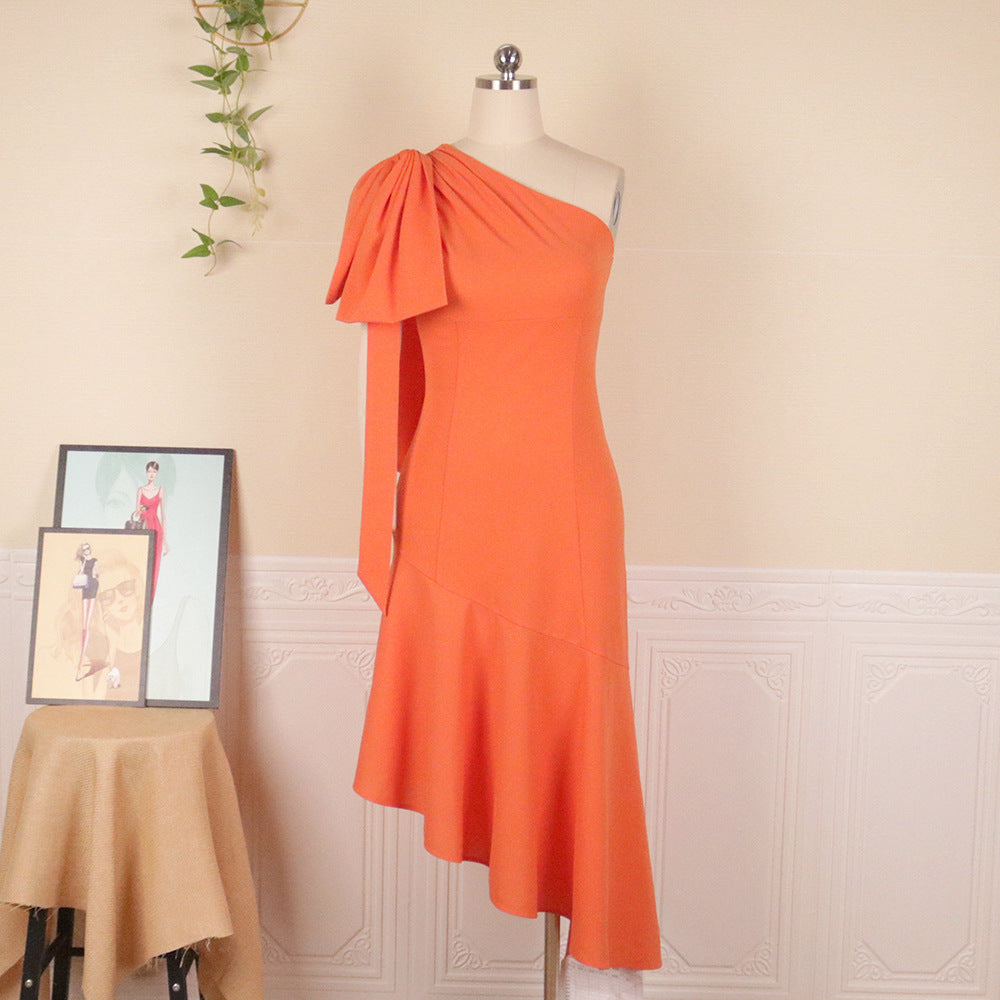 One-Shoulder Strap Bow High Waist Dress