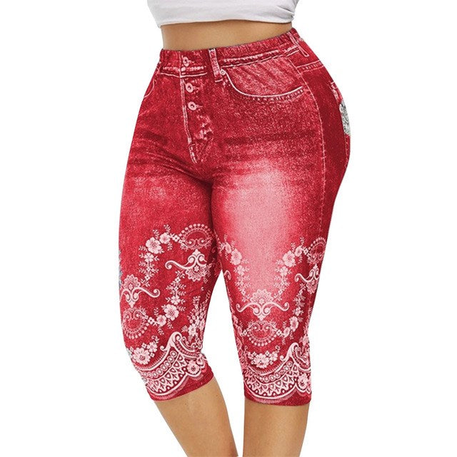 Women Mid-Calf Leggings Imitate Jeans Printed Stretch