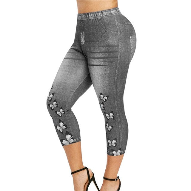 Women Mid-Calf Leggings Imitate Jeans Printed Stretch