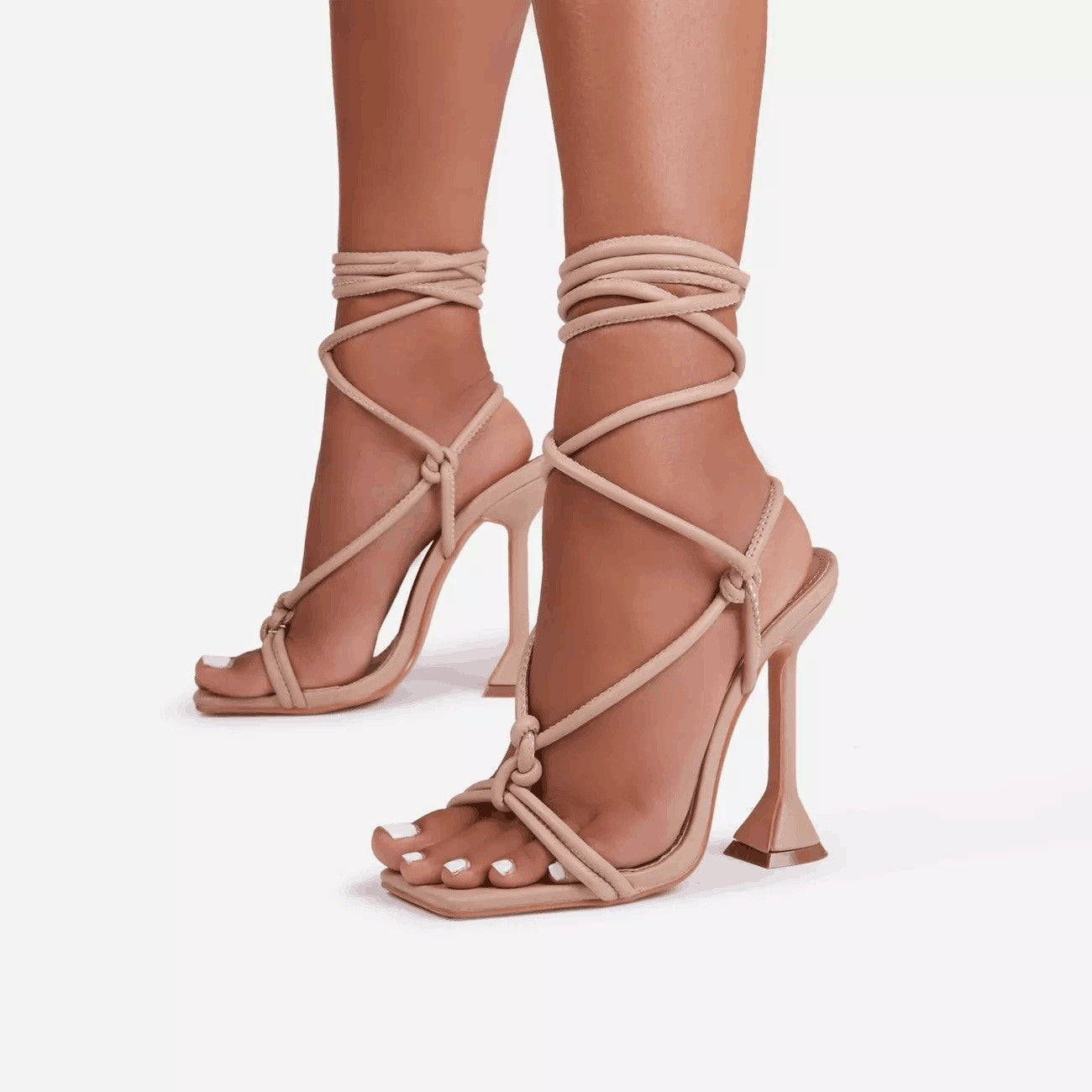 Square Toe Lace-Up Strap High Heels