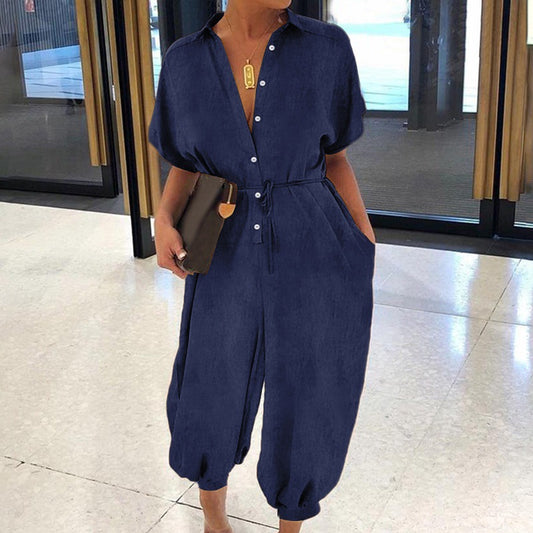 Solid Color Casual Short-Sleeved Denim Jumpsuit