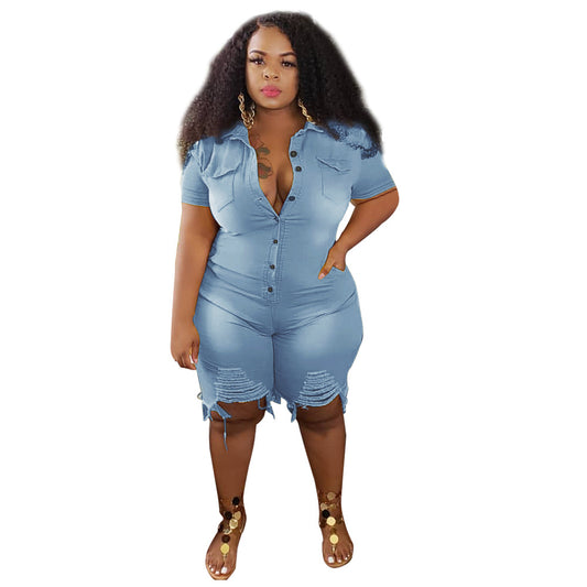 Solid Color Denim Jumpsuit With Holes