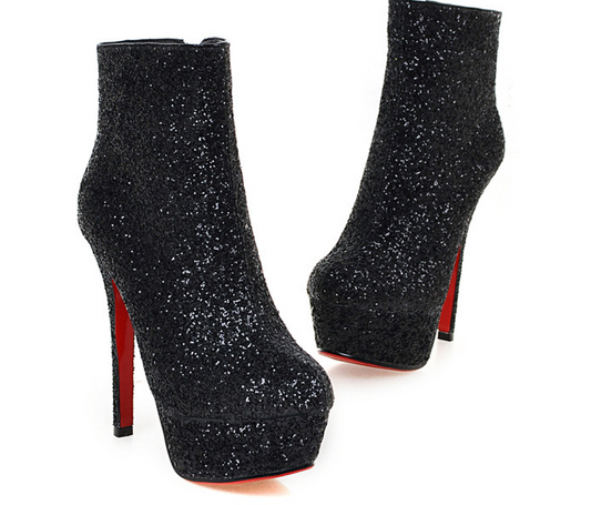 Fine Heel Sequined Solid Color Boots