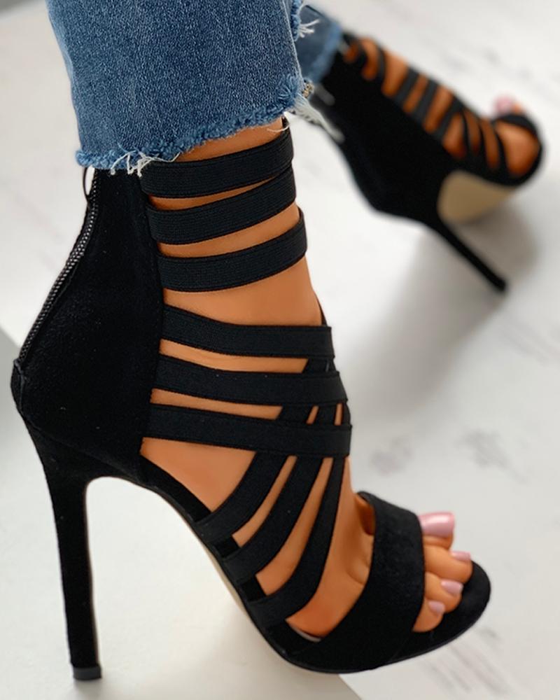 Elastic Band Black Strap High-heel Sandals