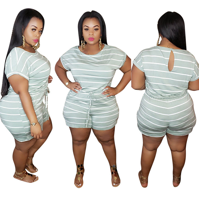 Loose Design White Striped One-Piece Short Set