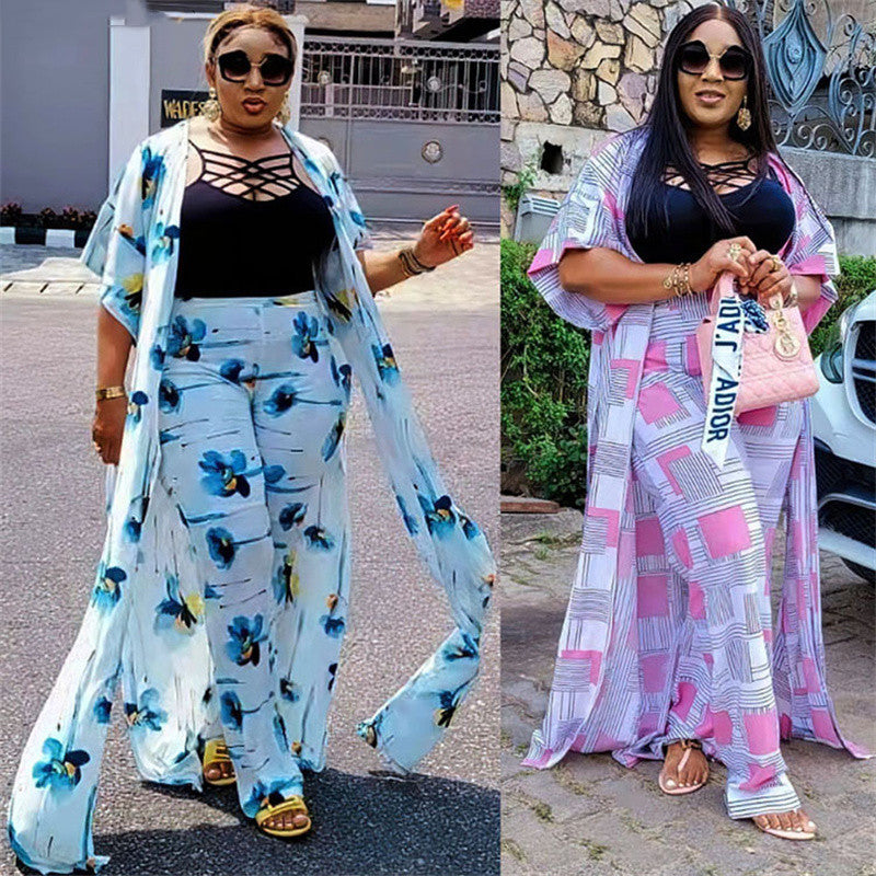 Multi Color Print 3 Piece Set Tank Robes And Pants