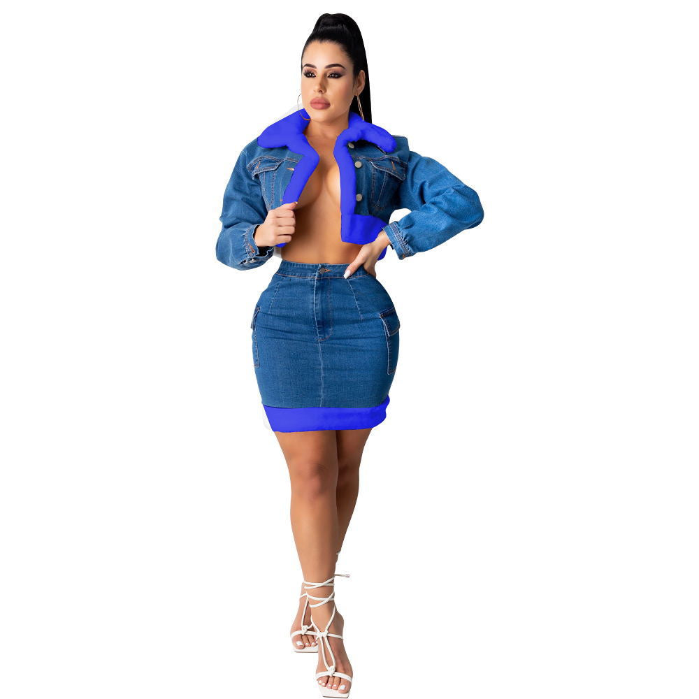 Denim Skirt Plush Two-Piece Suit