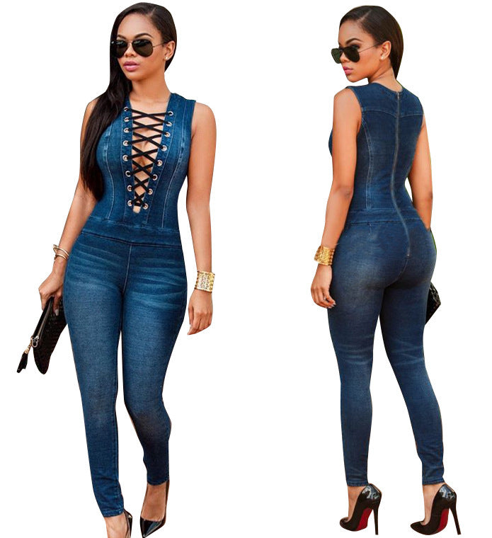 Criss Cross Black Strap Chest Denim Jumpsuit