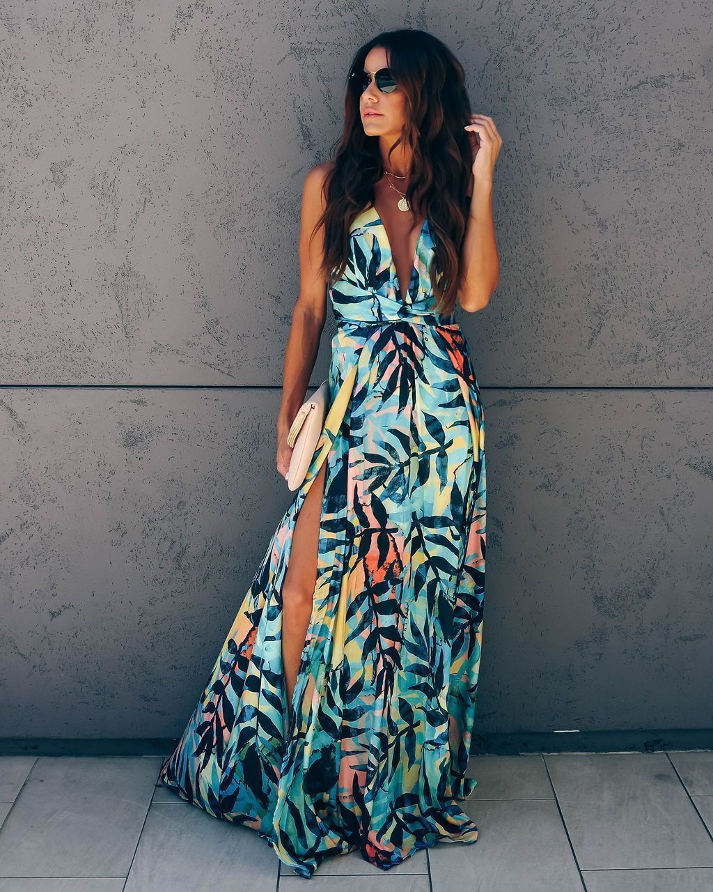 Mid-Sleeve V-Neck Floral Printed Maxi Dress