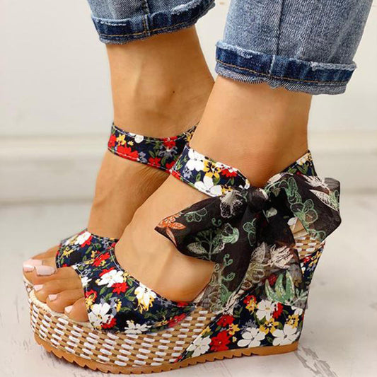 Wedge Sandals Multi Color Floral Bowknot Platform