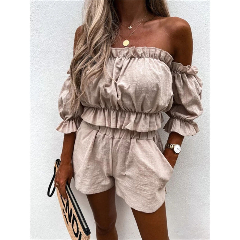 Wrapped Chest Short Style Top One Line Shoulder Two-Piece Set