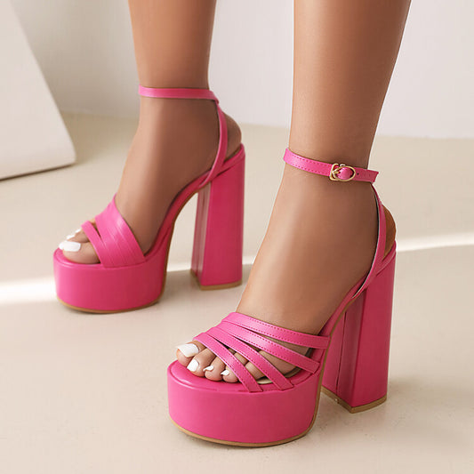 Chunky Heel Solid Color Strap Sandals