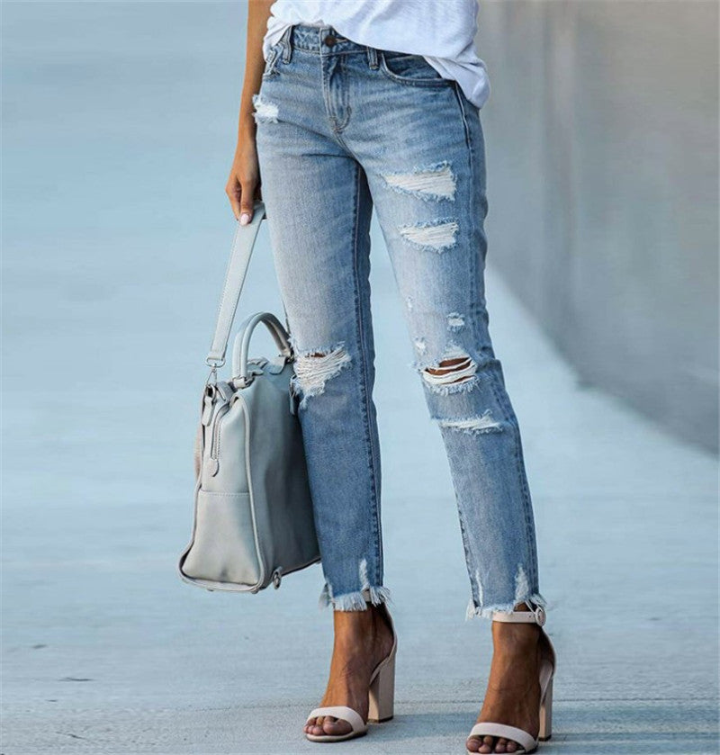 Ripped Solid Color Denim Jeans