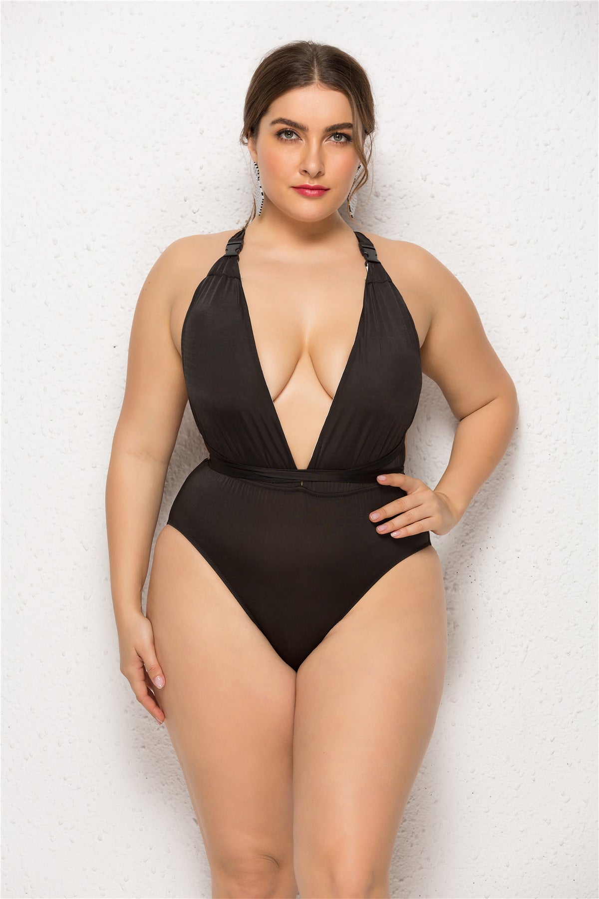 Deep V Neck Solid Color One-Piece Swimsuit