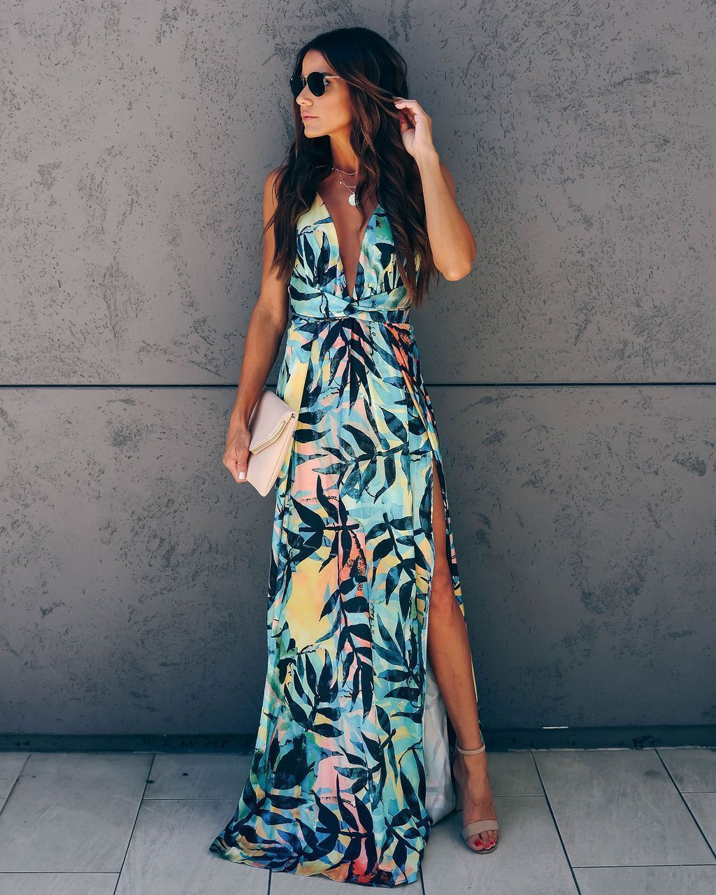 Mid-Sleeve V-Neck Floral Printed Maxi Dress