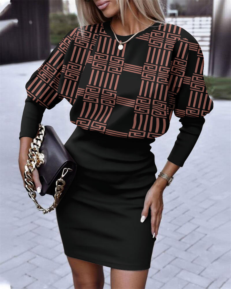 Round Neck Long Sleeve High Waist Multi Color Print Dress