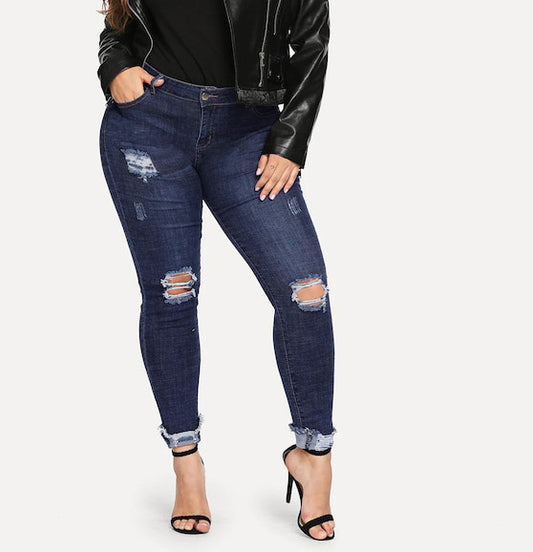 Shredded Leg Dark Blue Denim Jeans
