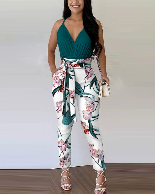 Multi Color Floral Contrast Print Two Piece Suit