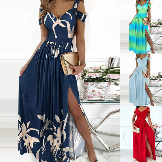 V-Neck Boho Spaghetti Strap Split Long Flowy Dress