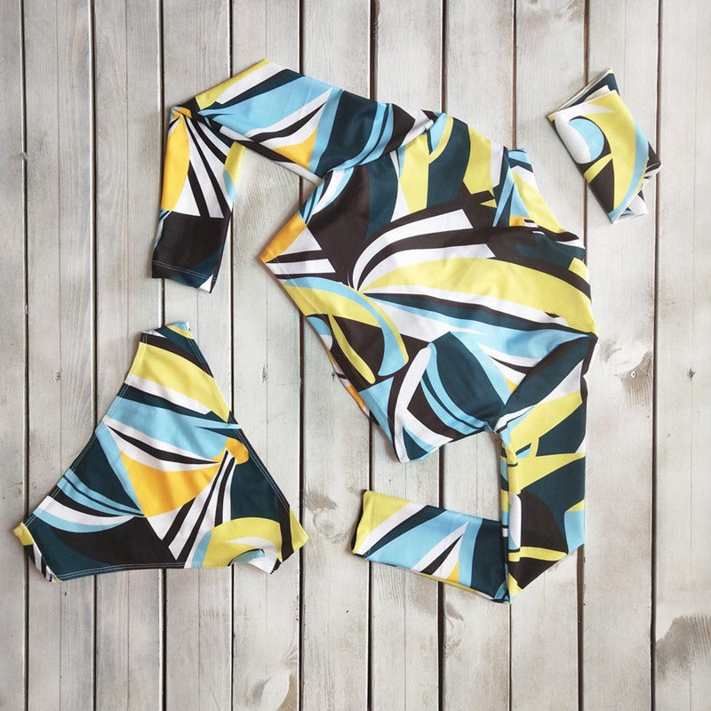 Long Sleeve Zipper Split Multi Color Print Swimsuit