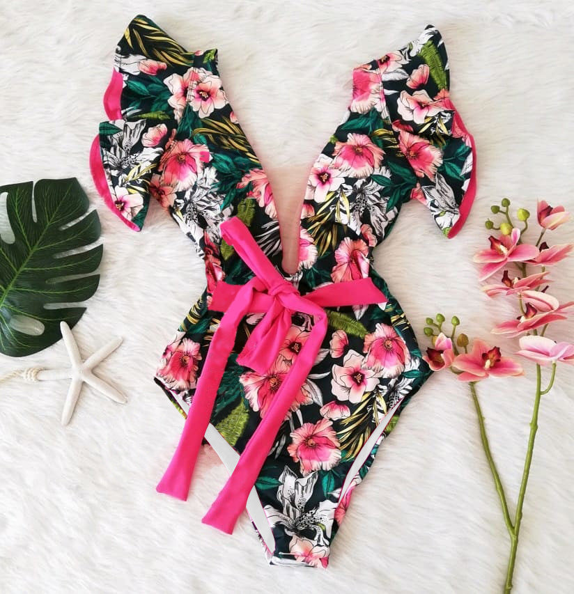 Printed One-Piece One-Shoulder Ruffle Swimsuit