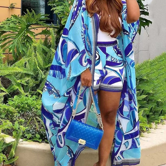 Printed Temperament Cardigan And Shorts Suit