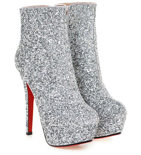 Fine Heel Sequined Solid Color Boots