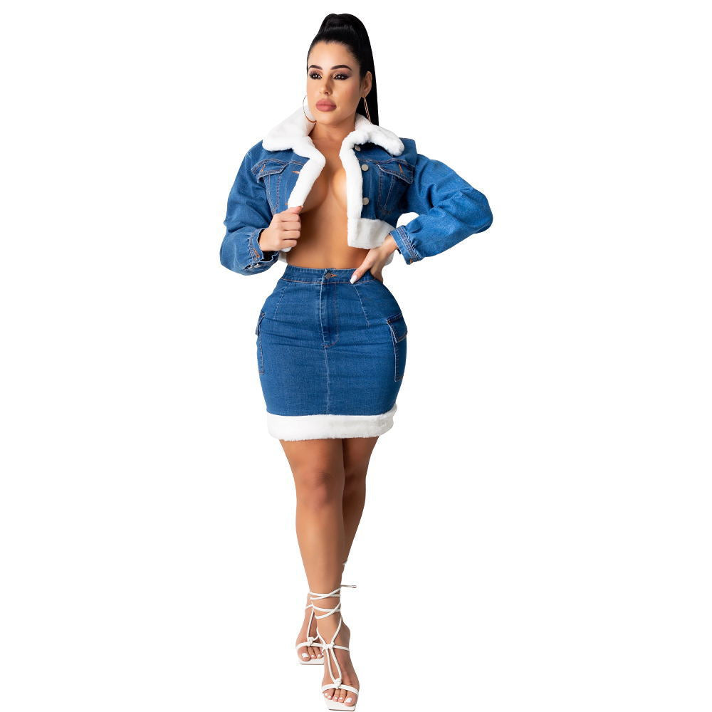 Denim Skirt Plush Two-Piece Suit