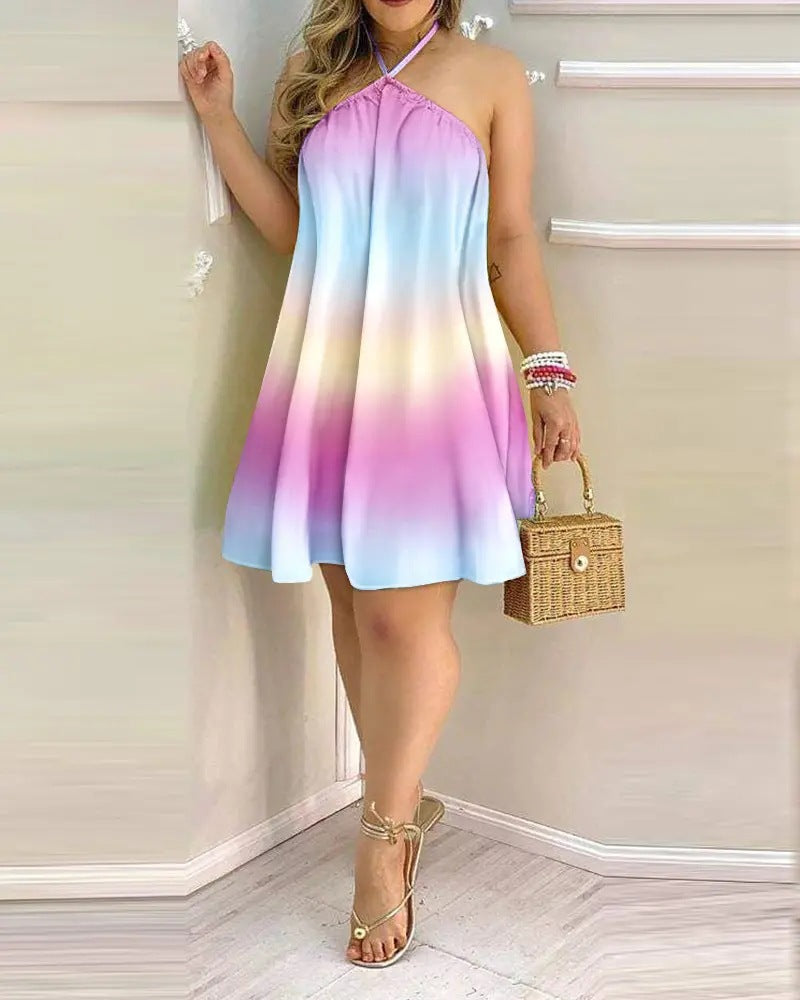 Printed Summer Off-Shoulder Hanging Neck Sleeveless Dress