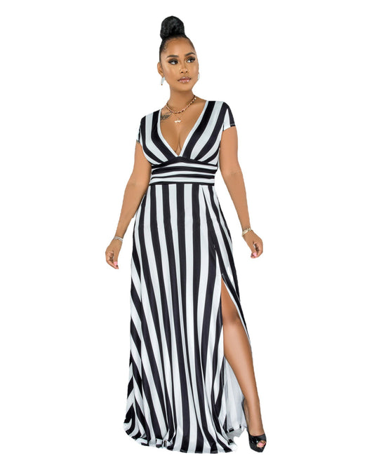 Fashion Multi Color Striped Sculpting Slit Dress