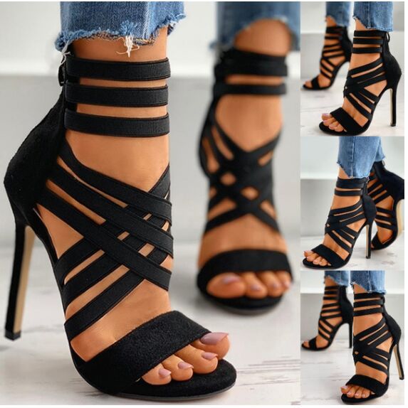 Elastic Band Black Strap High-heel Sandals