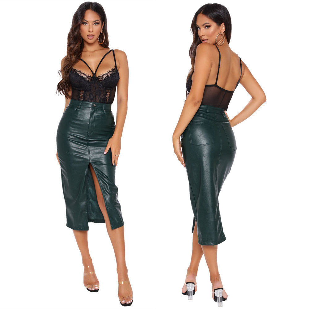 Trim Front Slit Leather Skirt