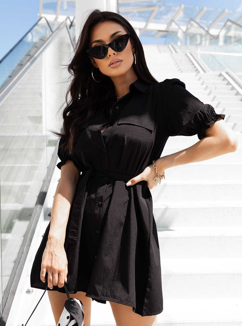 Short Sleeve Lapel Belted Shirt Dress