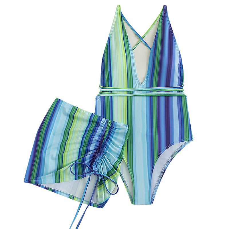 Split Two Piece Skirt Drawstring Swimsuit