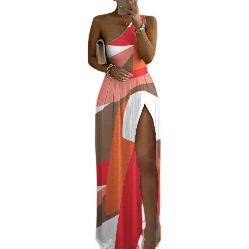 Colorblock OneShoulder High Slit Maxi Dress