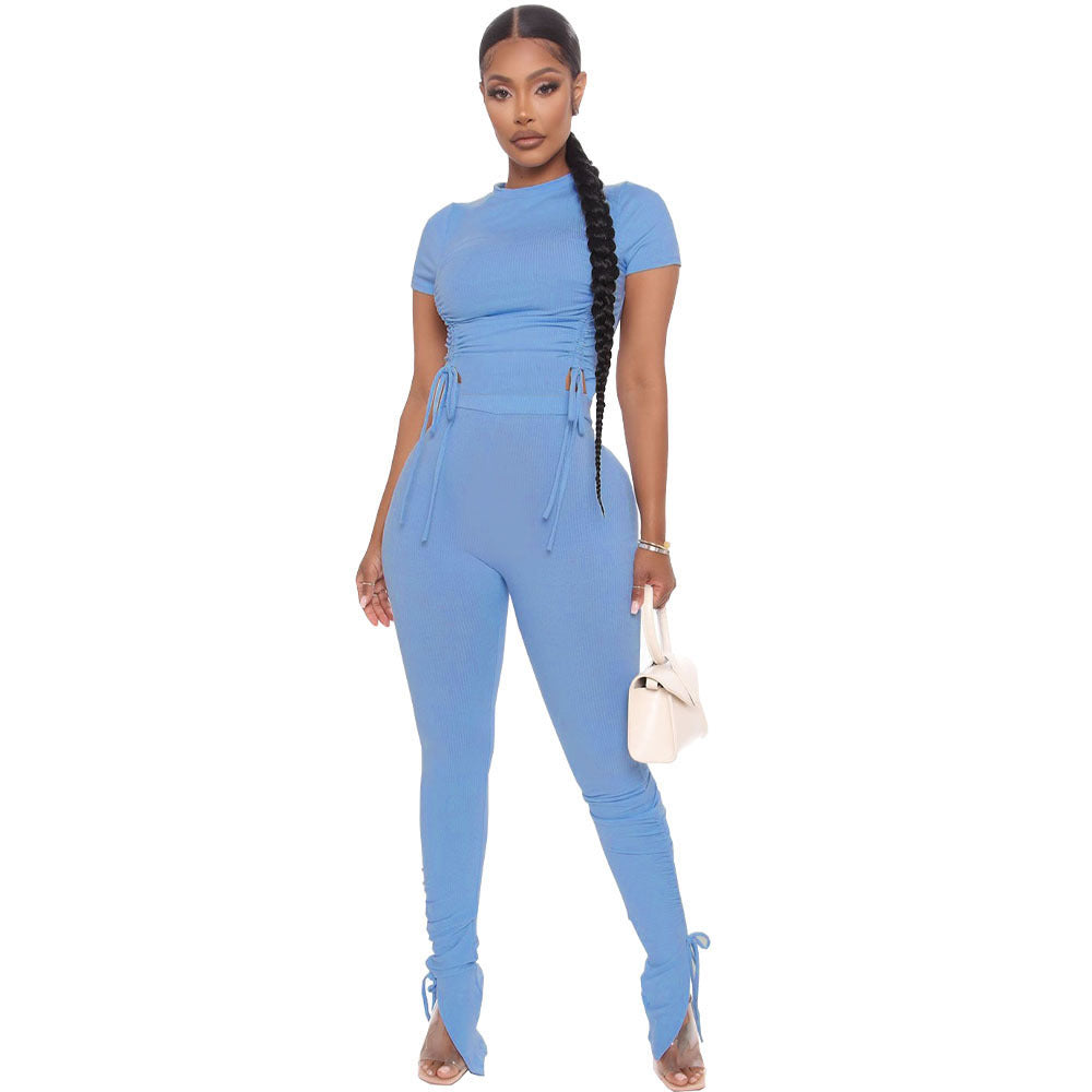 Solid Color Drawstring Top And Pants Casual Matching Sets