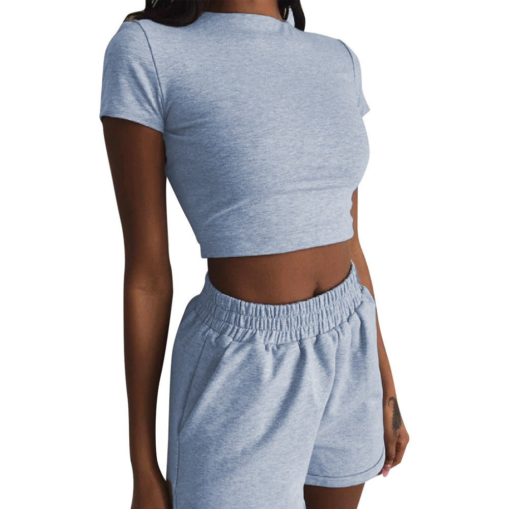 Two-Piece Short Sleeve High Waist Cropped Shorts