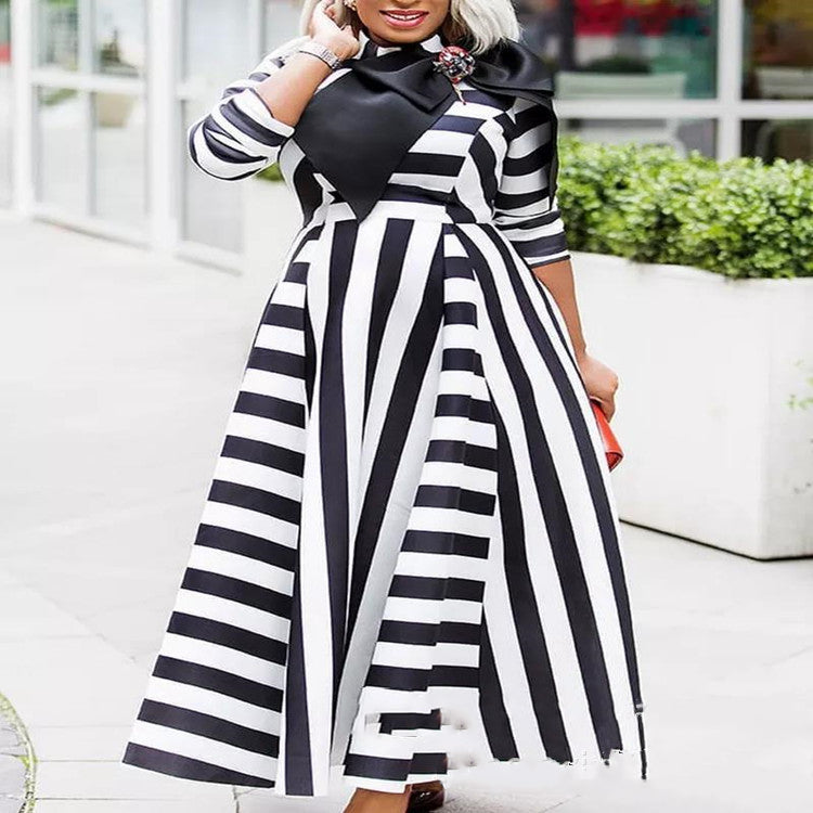 Striped Breast Wrap Style Temperament Commuter Bow Maxi Dress