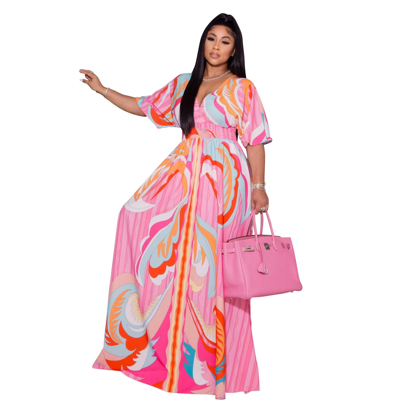 Printed Butterfly Sleeve Swing Side Slit Dress