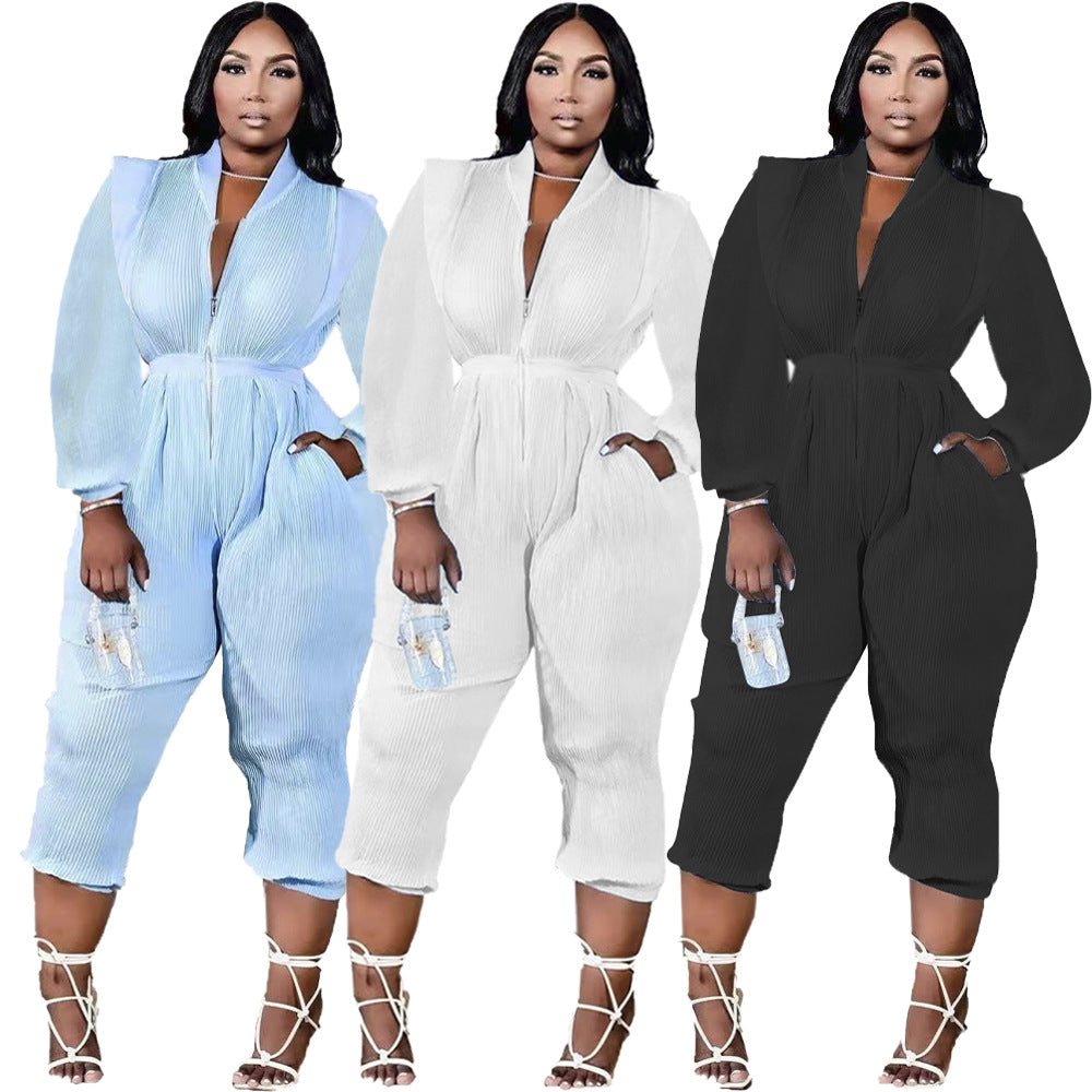 Pleated Versatile V-Neck Long Sleeve Jumpsuit