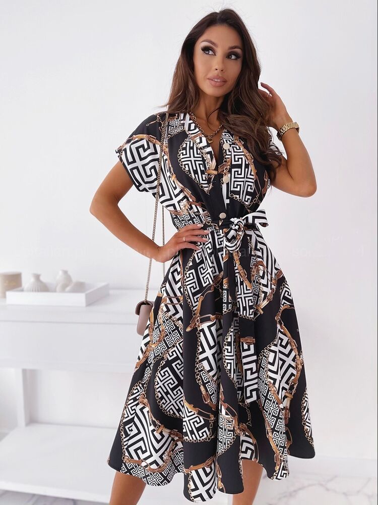 V-neck Belted Digital Print Dress