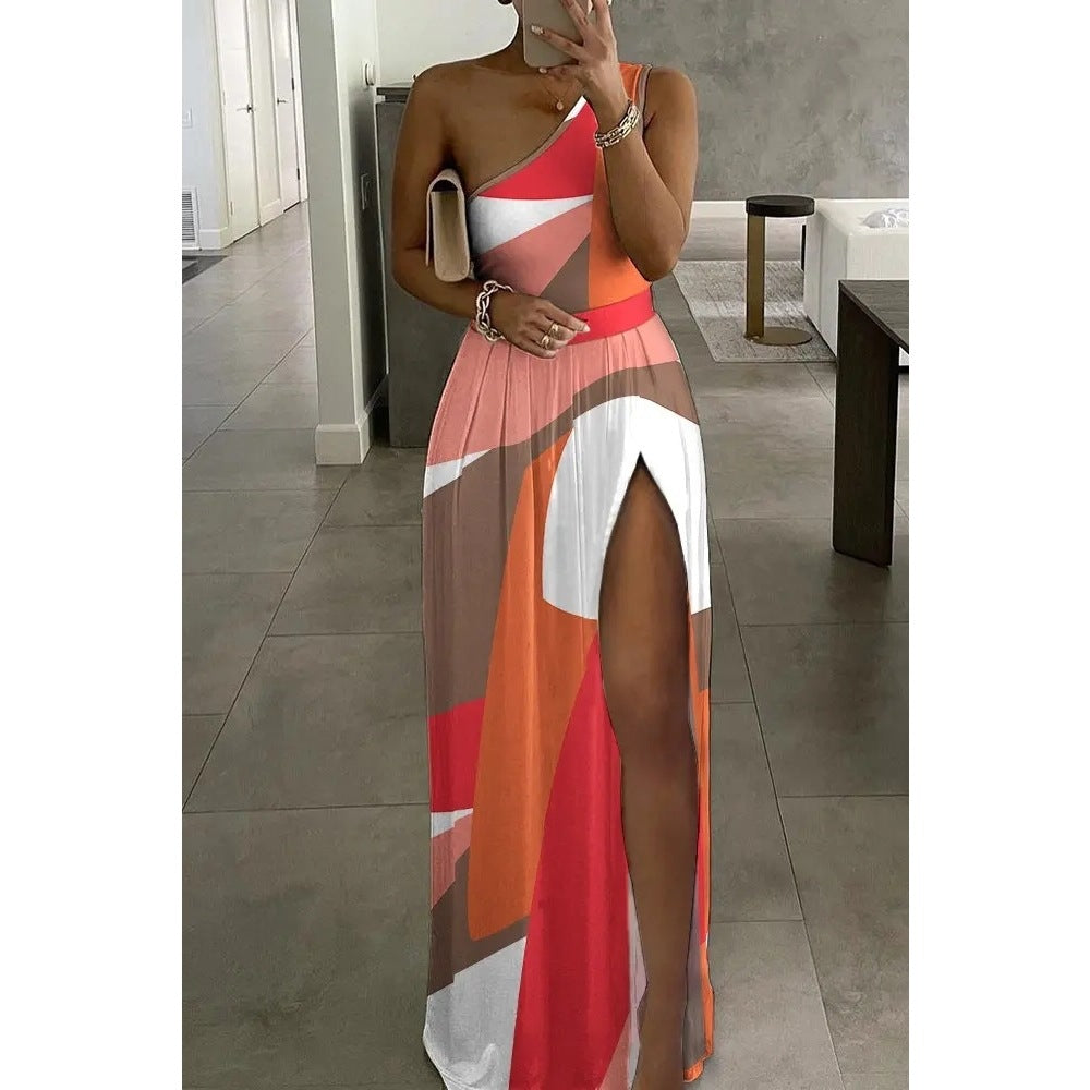 Colorblock OneShoulder High Slit Maxi Dress