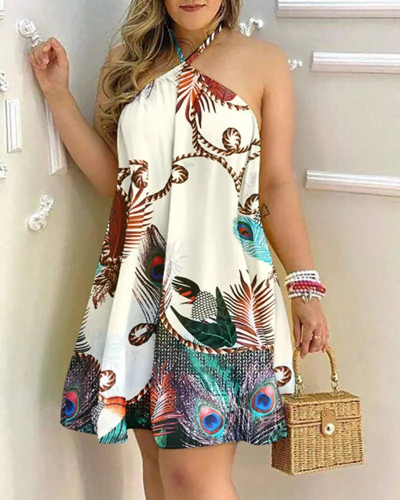 Printed Summer Off-Shoulder Hanging Neck Sleeveless Dress