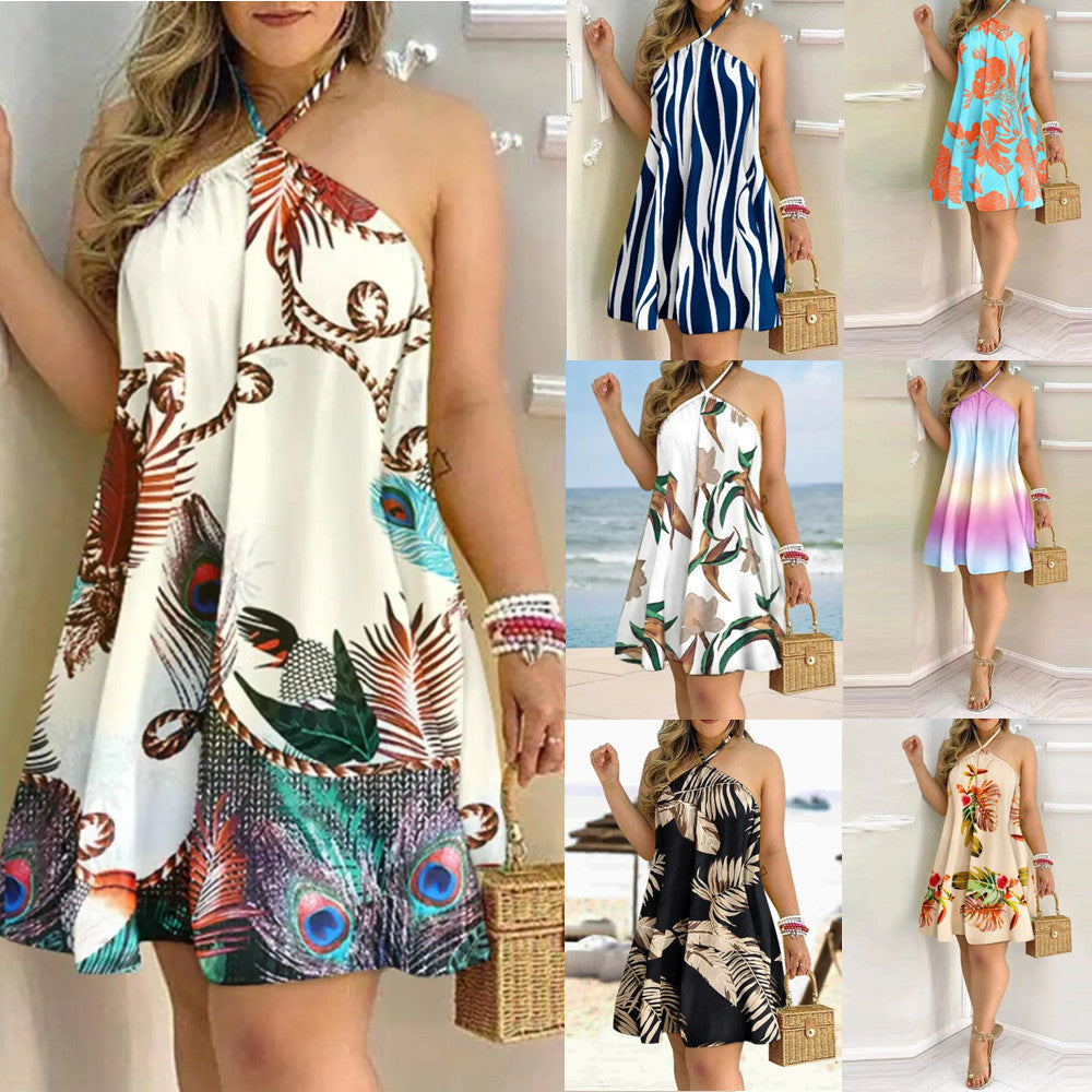 Printed Summer Off-Shoulder Hanging Neck Sleeveless Dress