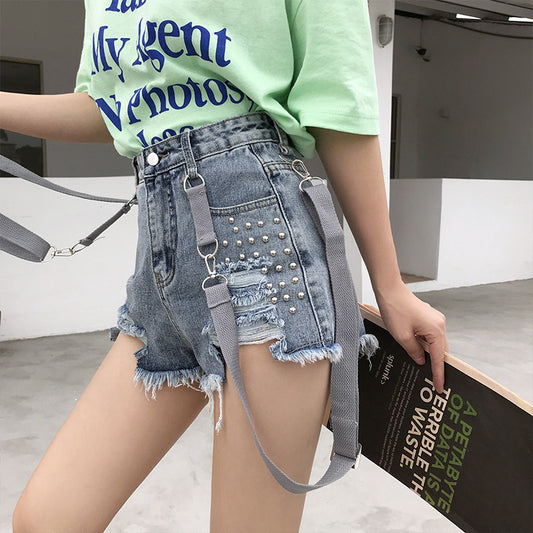 Ripped Suspenders Jean Shorts