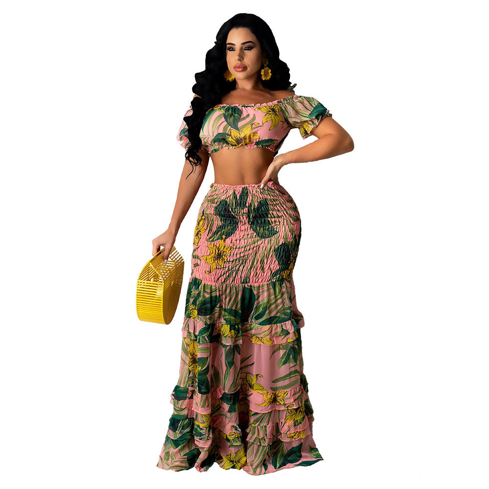 Floral Printed Long Skirt Two-Piece Set