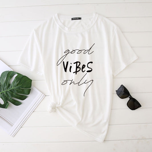 Good Vibes Letter Print Short Sleeve T-shirt