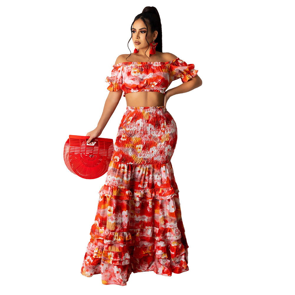 Floral Printed Long Skirt Two-Piece Set